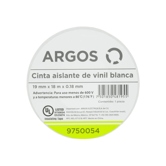 Cinta aislante de vinil blanca Argos 19mm x 18m, 600V, 80°C, para instalación eléctrica. UL Listed 9750054.