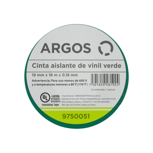 Cinta aislante de vinil verde Argos, 19mm x 18m, soporta hasta 600V, para uso eléctrico profesional.