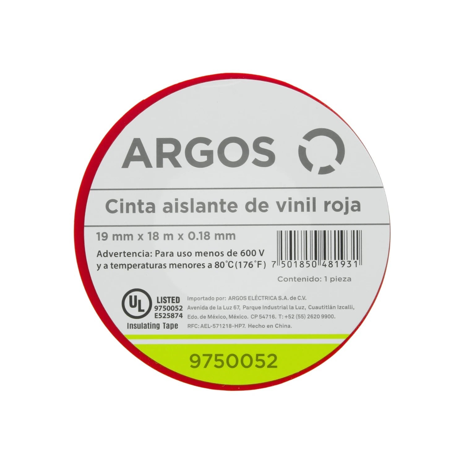 Argos cinta aislante eléctrica roja de vinil 19mm x 18m, UL Listed para 600V.
