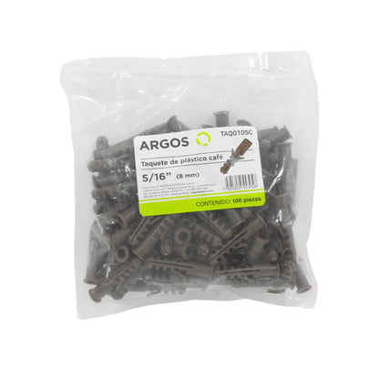 Paquete de 100 taquetes de plástico café Argos de 5/16 pulgadas (8mm) para fijación en pared.