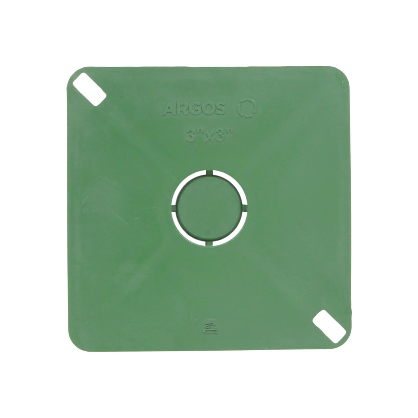 Tapa cuadrada plástica verde Argos 3x3 pulgadas con orificios para fijación en instalaciones