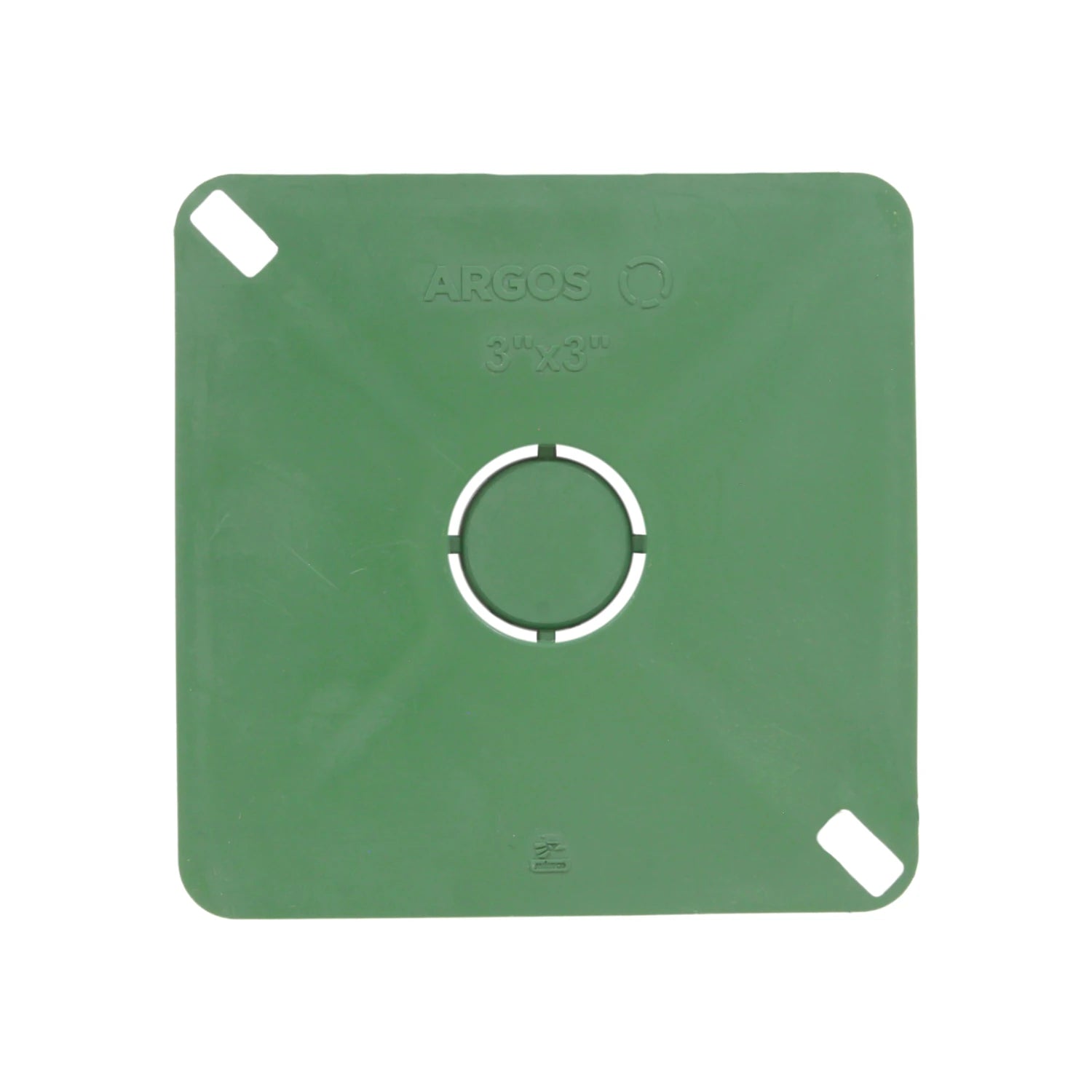 Tapa cuadrada plástica verde Argos 3x3 pulgadas con orificios para fijación en instalaciones