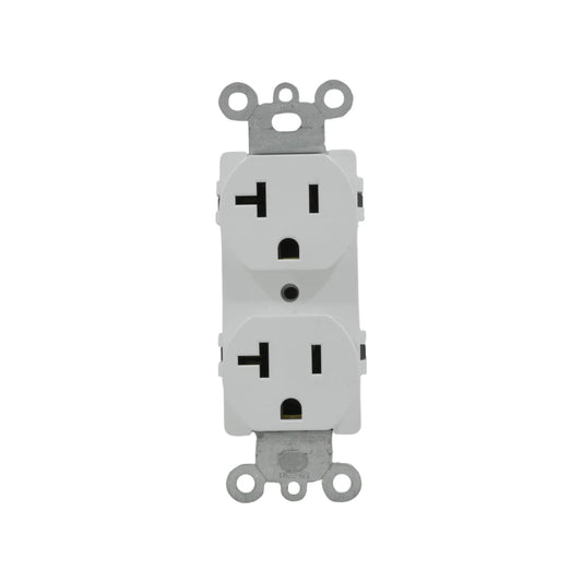 Contacto dúplex blanco 20A, tomacorriente eléctrico NEMA 5-20R para instalaciones residenciales y comerciales.