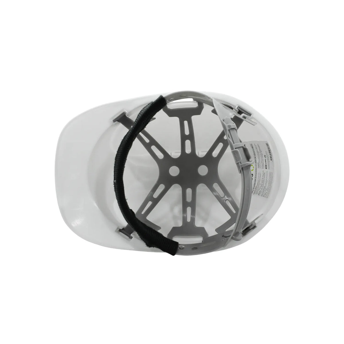 Casco de seguridad blanco con suspensión ajustable y banda de sudor negra para protección industrial y construcción