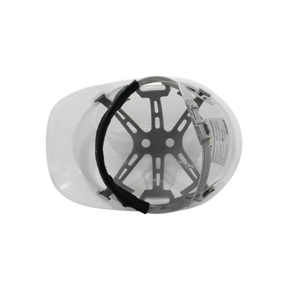 Casco de seguridad blanco con suspensión ajustable y banda de sudor negra para protección industrial y construcción