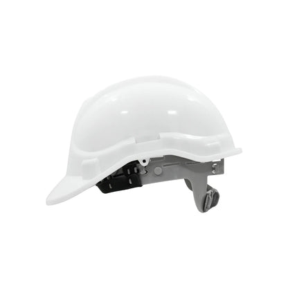 Casco de seguridad blanco para construcción con suspensión ajustable y protección industrial ergonómica