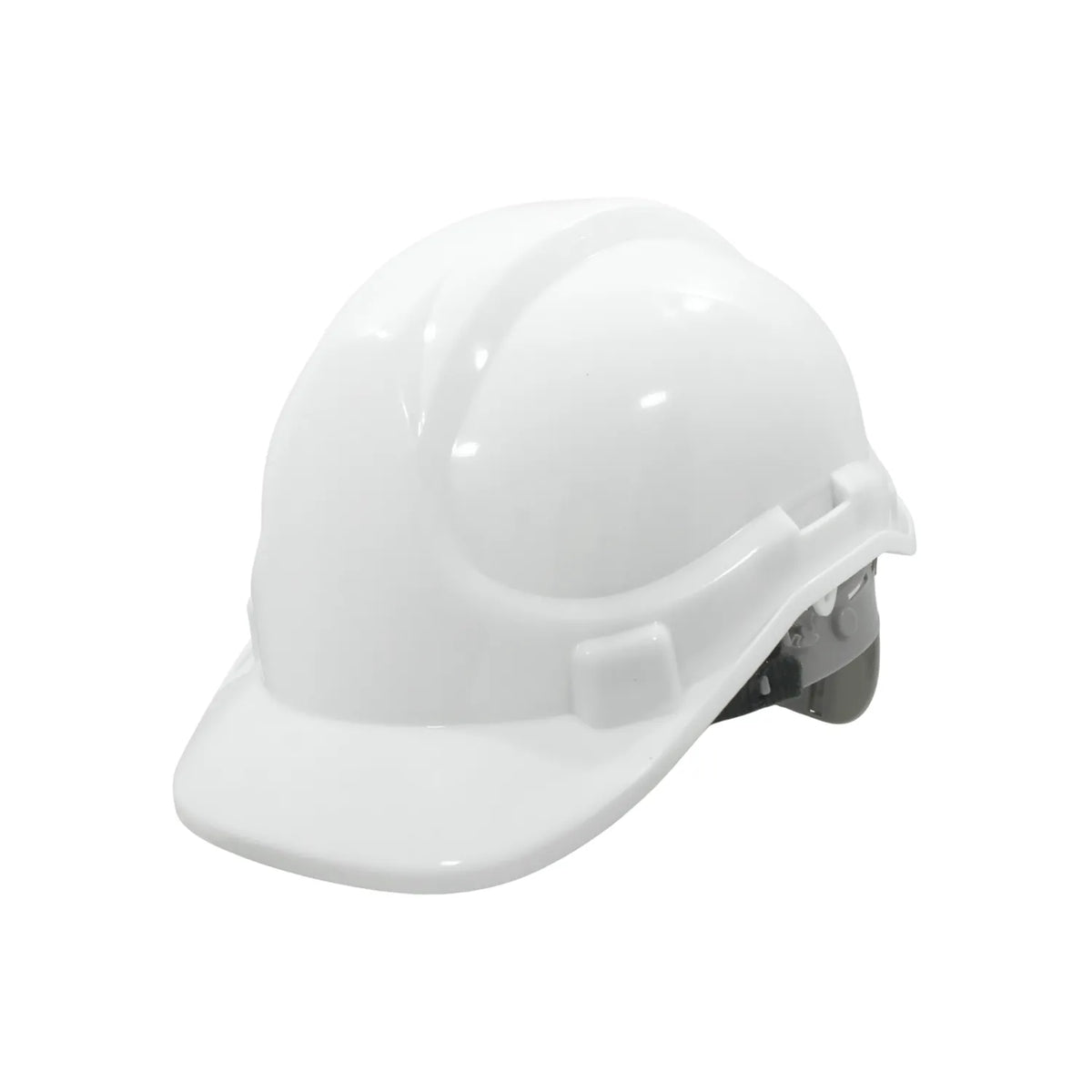 Casco de seguridad blanco para construcción y protección industrial con suspensión ajustable y ranuras laterales.