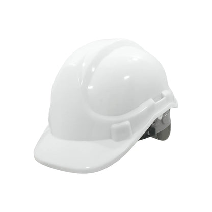 Casco de seguridad blanco para construcción y protección industrial con suspensión ajustable y ranuras laterales.