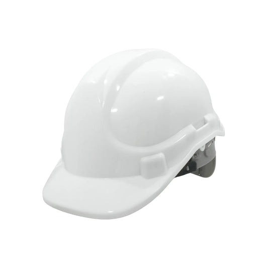 Casco de seguridad blanco para construcción y protección industrial con suspensión ajustable y ranuras laterales.