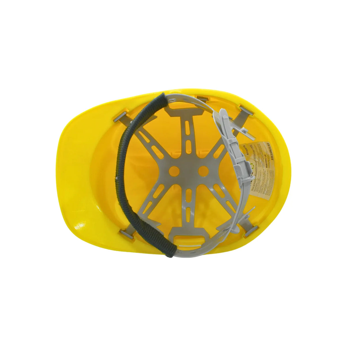 Vista interior de casco de seguridad amarillo con arnés ajustable y suspensión para protección en construcción