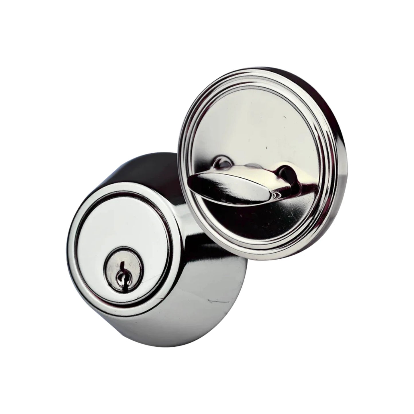 Cerradura cerrojo de seguridad con llave exterior y mariposa interior, acabado cromo brillante.