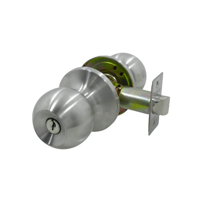 Cerradura de pomo esférico en acero inoxidable con llave y pestillo para seguridad en puertas de entrada.