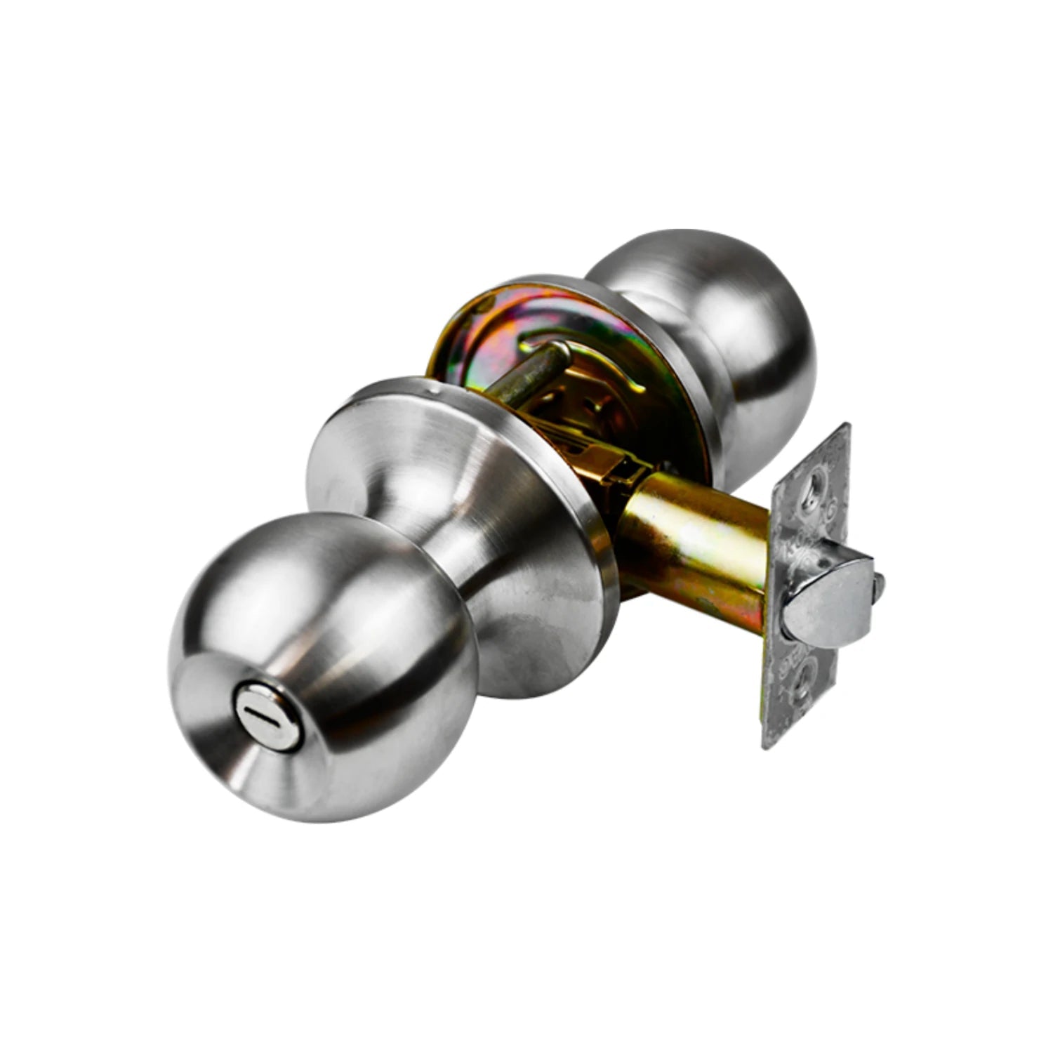 Cerradura de esfera metálica con llave, acabado acero inoxidable cepillado, para puertas residenciales.