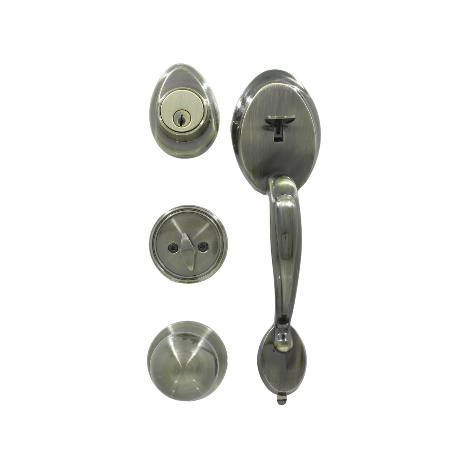 Cerradura de seguridad para entrada principal, kit manija exterior y pomo interior, acabado bronce antiguo.