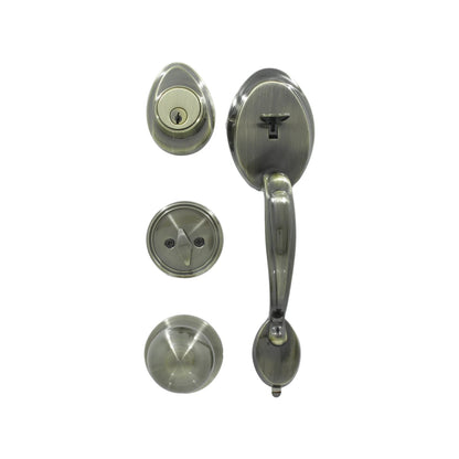 Cerradura de seguridad para entrada principal, kit manija exterior y pomo interior, acabado bronce antiguo.