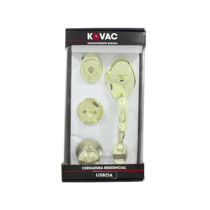 Cerradura residencial Kovac Lisboa dorada, juego de manija y cerrojo de seguridad para entrada principal.