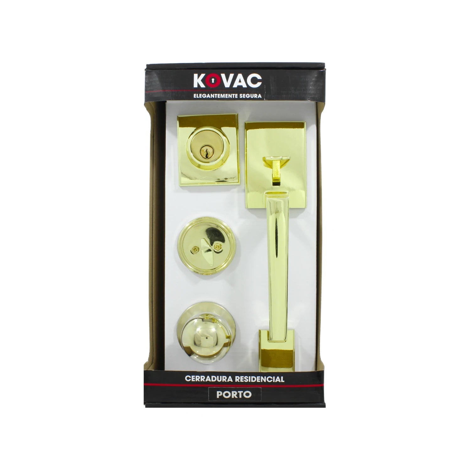 Cerradura set Kovac dorada para puerta de entrada principal, incluye manija, pomo y cerrojo de seguridad residencial.