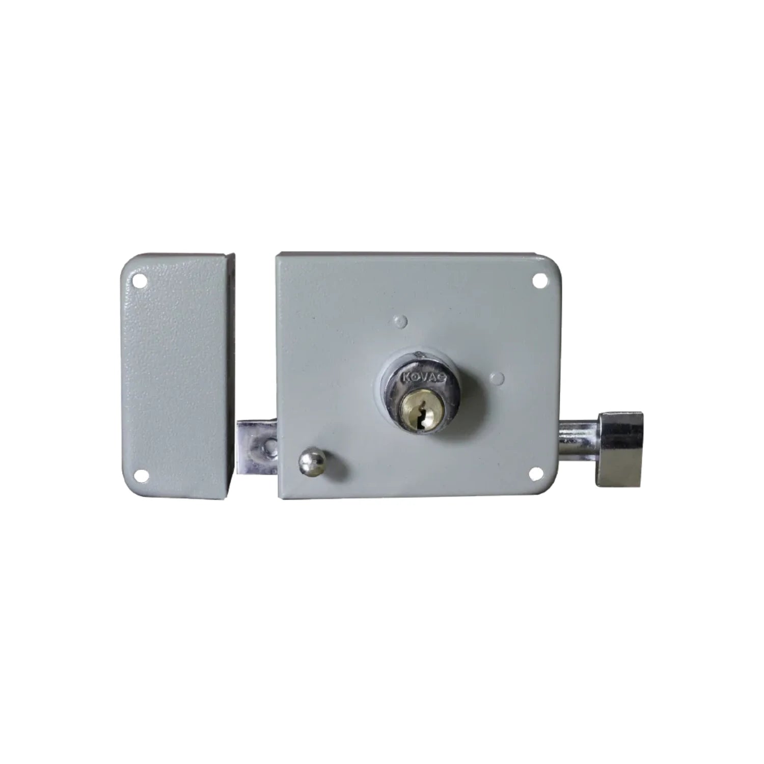 Cerradura sobreponer izquierda Kovac, chapa metálica gris para puerta con cilindro de seguridad