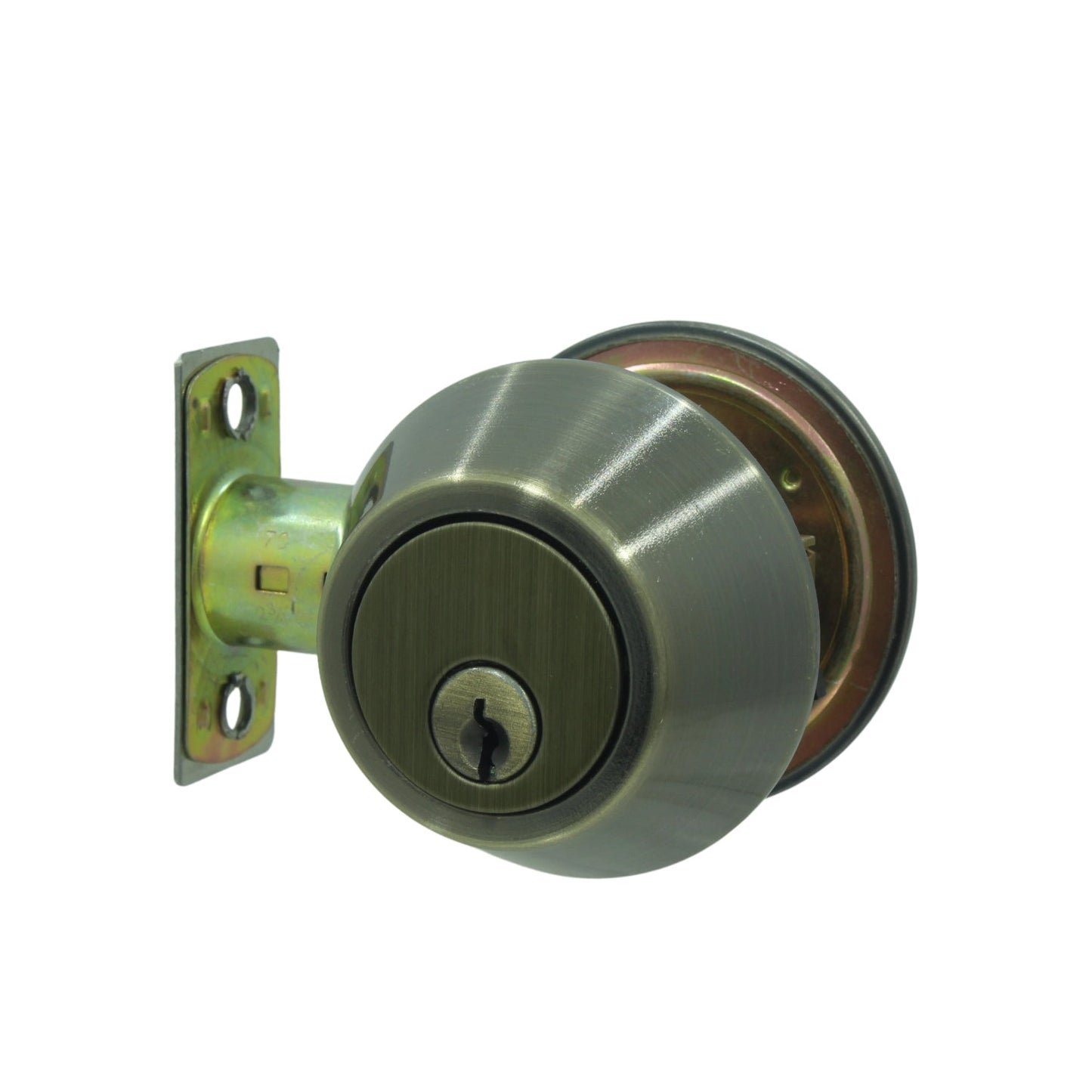 Cerradura de seguridad para puerta de entrada con acabado bronce antiguo cepillado y cilindro para llave