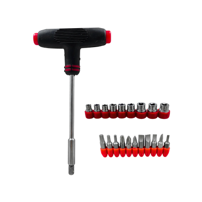 Set desarmador tipo T con 22 puntas Phillips, planas, Torx y dados, mango negro y rojo ergonómico