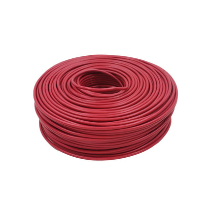 Cable eléctrico rojo calibre #10 en rollo de 100 metros para instalaciones eléctricas residenciales o industriales.