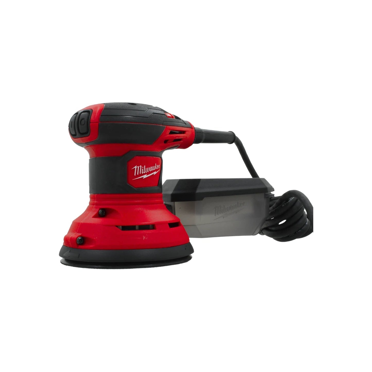 Lijadora orbital eléctrica Milwaukee 360W, diseño rojo y negro con sistema de recolección de polvo.