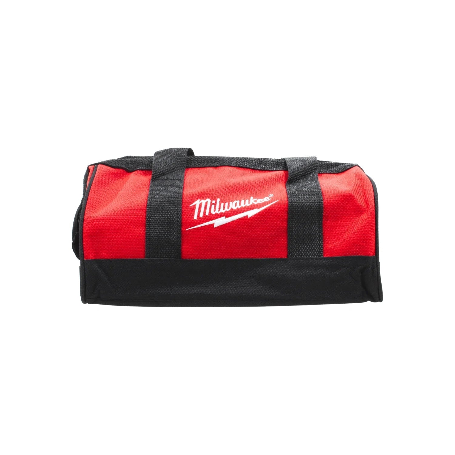Bolsa de herramientas Milwaukee roja y negra, compacta y resistente, para almacenar herramientas eléctricas o manuales.
