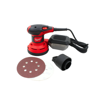 Lijadora orbital Milwaukee 360W roja y negra, con recolector de polvo, adaptador y discos de lija P80