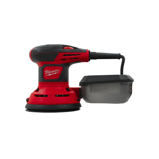 Lijadora orbital eléctrica Milwaukee roja y negra con depósito recolector de polvo integrado
