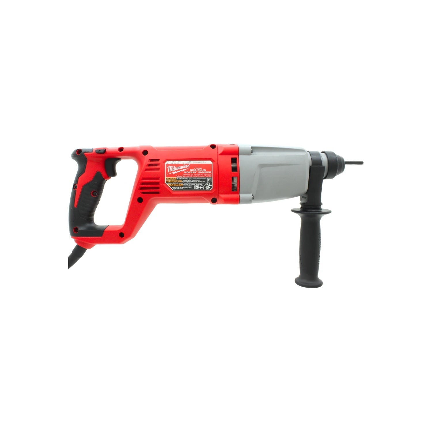 Rotomartillo Milwaukee SDS Plus 840W, 1 pulgada, rojo y gris con mango ergonómico y auxiliar para concreto.