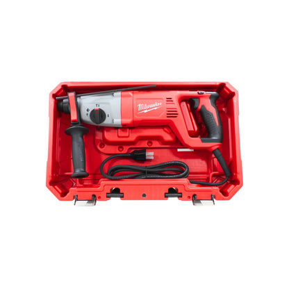 Rotomartillo eléctrico Milwaukee rojo en estuche. Perforadora de 1 pulgada, incluye mango auxiliar y cable.
