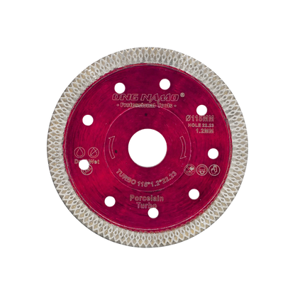 Disco diamantado turbo ONG NAM rojo 115mm para porcelana, corte seco y húmedo profesional