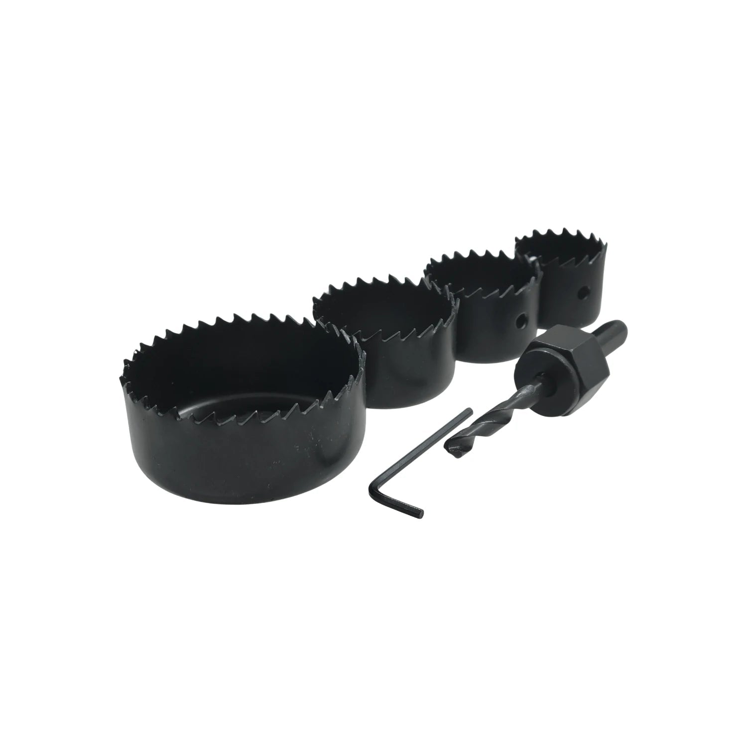 Set de corta círculos negro 6 piezas con 4 sierras, broca piloto y llave hexagonal para madera y plástico.