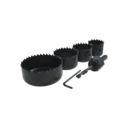 Set de corta círculos negro 6 piezas con 4 sierras, broca piloto y llave hexagonal para madera y plástico.