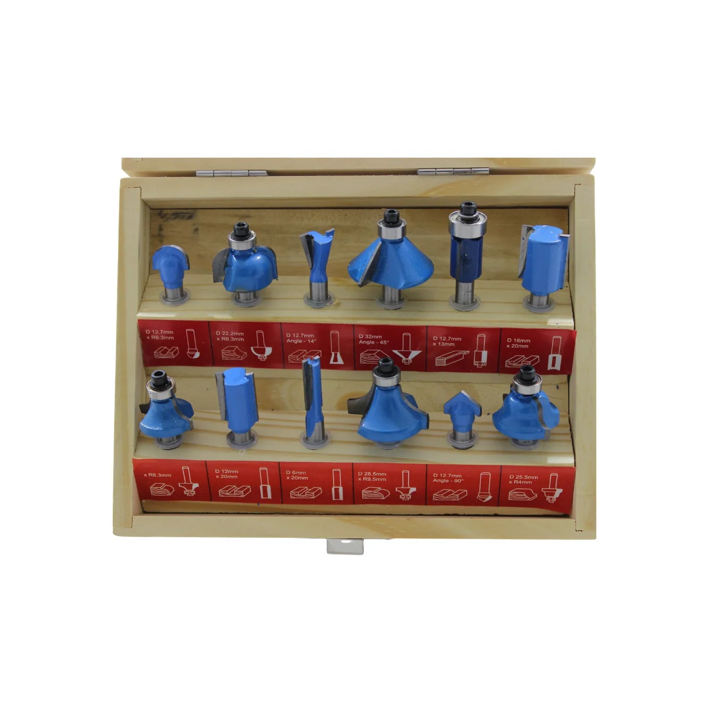 Juego de 12 fresas para ruteadora azul en estuche de madera con diferentes perfiles para trabajos de carpintería.