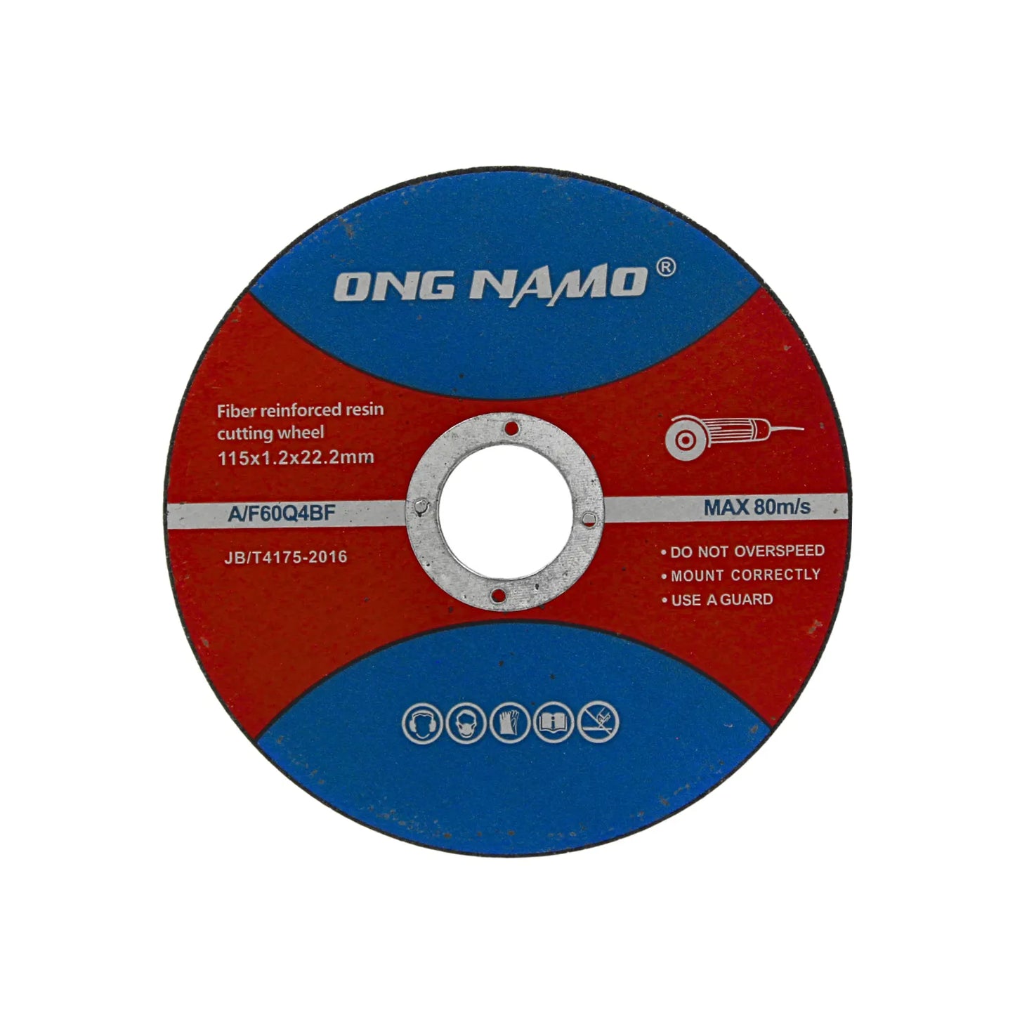 Disco de corte ONG NAMO 115x1.2x22.2mm de resina reforzada para amoladora angular en color azul y rojo.