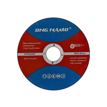 Disco de corte ONG NAMO 115x1.2x22.2mm de resina reforzada para amoladora angular en color azul y rojo.
