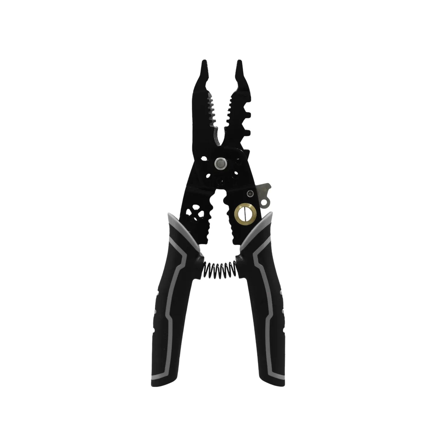 Pelacables multifunción negro y gris con mango ergonómico para corte, pelado y desforre de cables eléctricos.