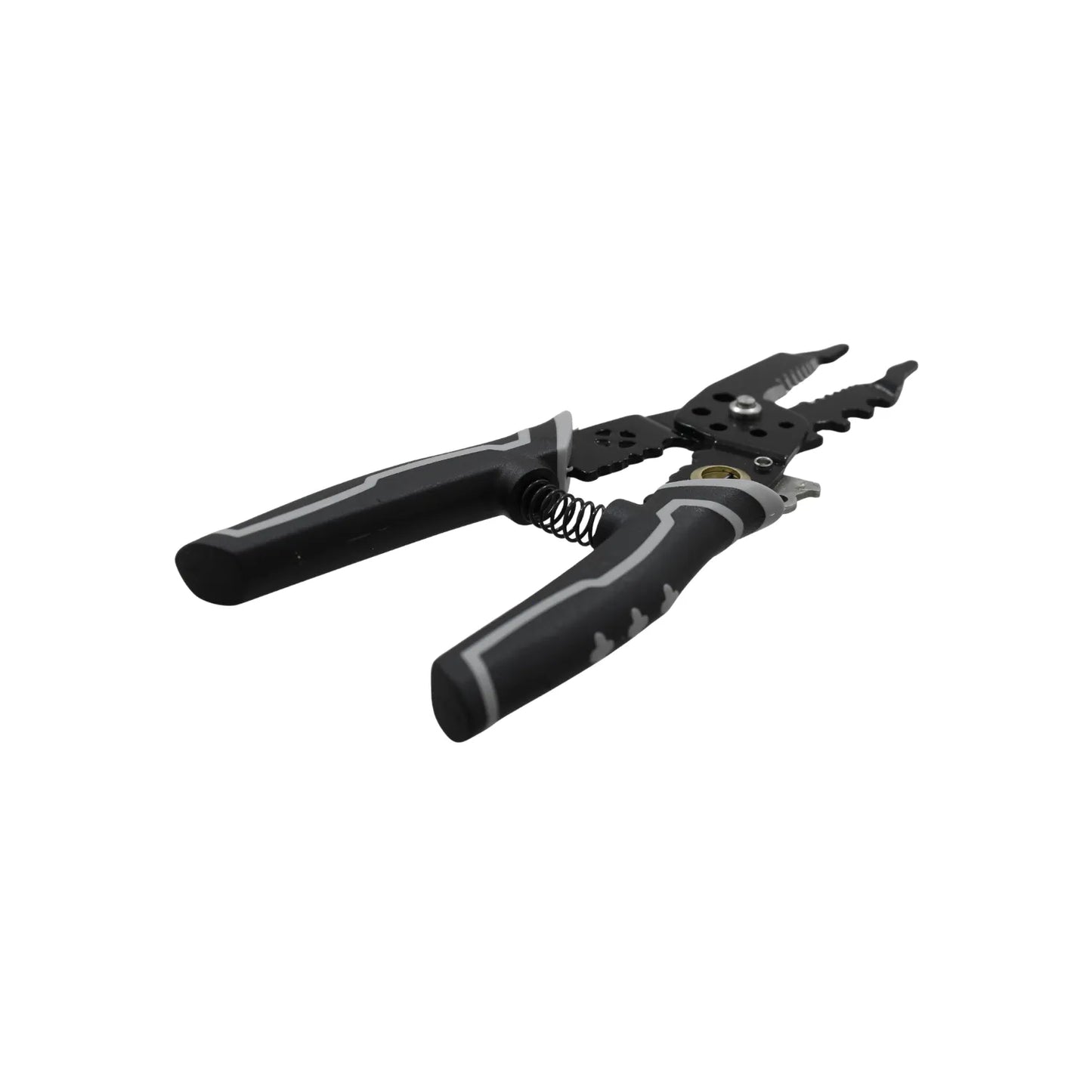 Pelacables multifunción con mango ergonómico negro y gris y resorte para corte y pelado de cables eléctricos