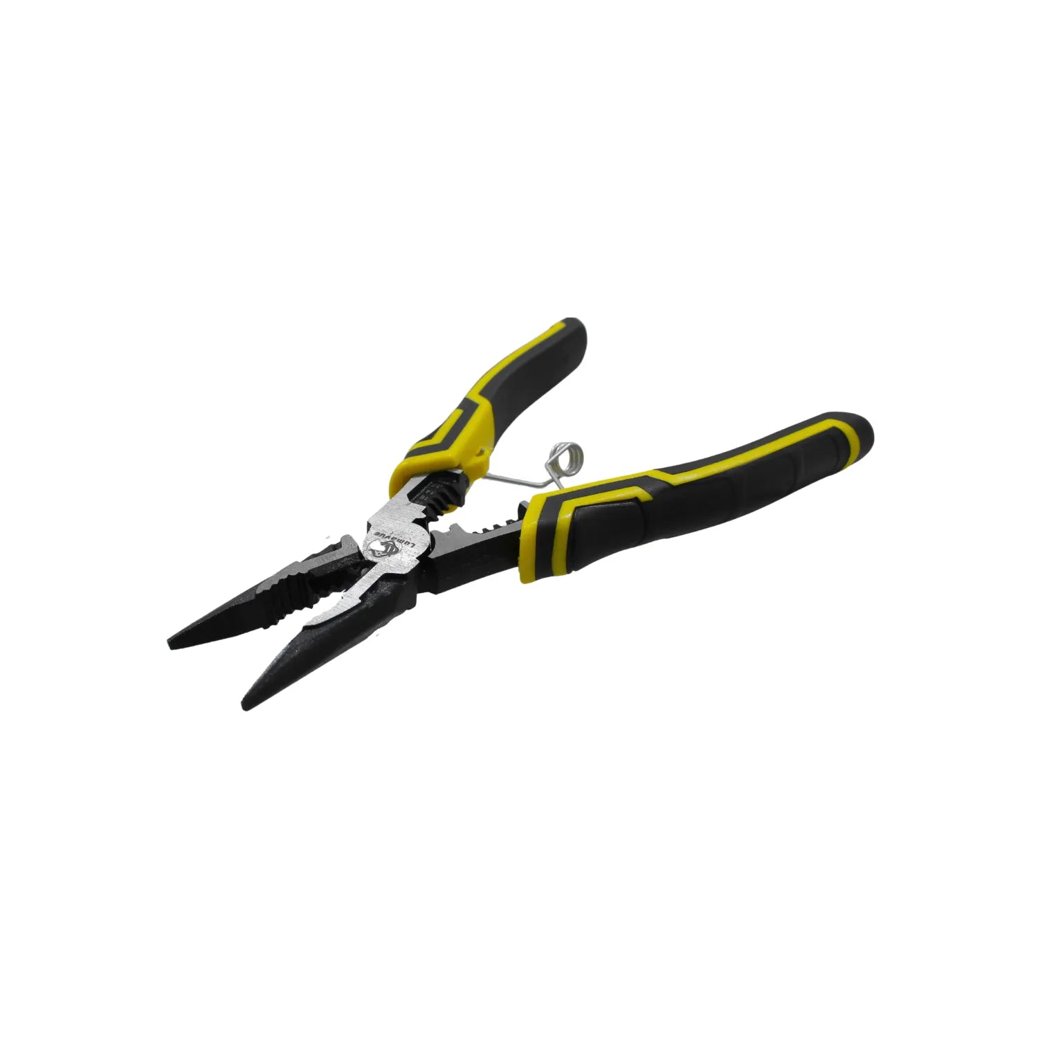 Pinza de punta larga multifunción LumaVue con pelacables y mango ergonómico amarillo y negro.