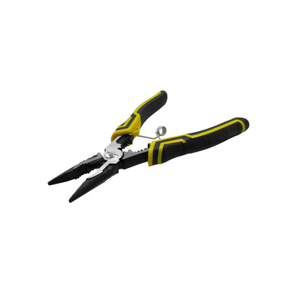 Pinza de punta larga multifunción LumaVue con pelacables y mango ergonómico amarillo y negro.