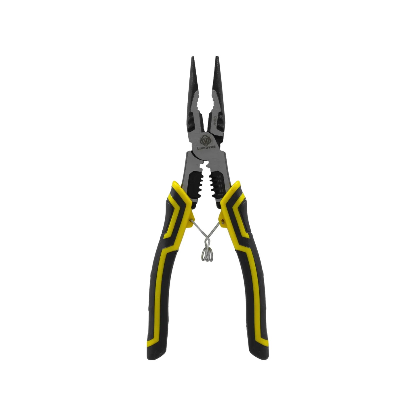 Alicate pelacables multifunción Lumavue acero CR-V mango ergonómico amarillo y negro para trabajos eléctricos.