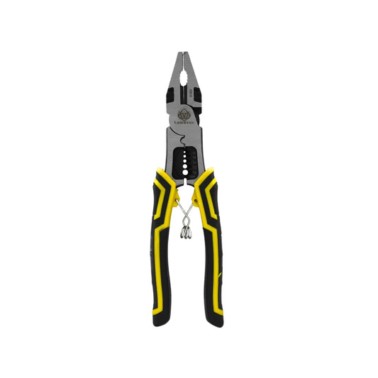 Alicates multifunción Lumavue con pelacables AWG 10-18 y cortador, mango ergonómico antideslizante amarillo y negro.