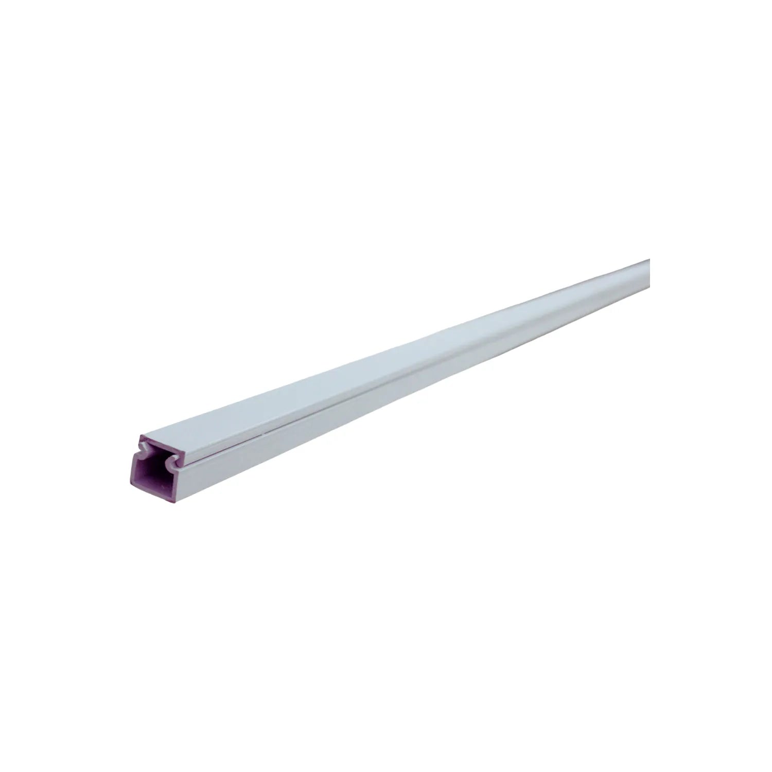 Canaleta de PVC blanca para cables con interior morado, ideal para organizar instalaciones eléctricas