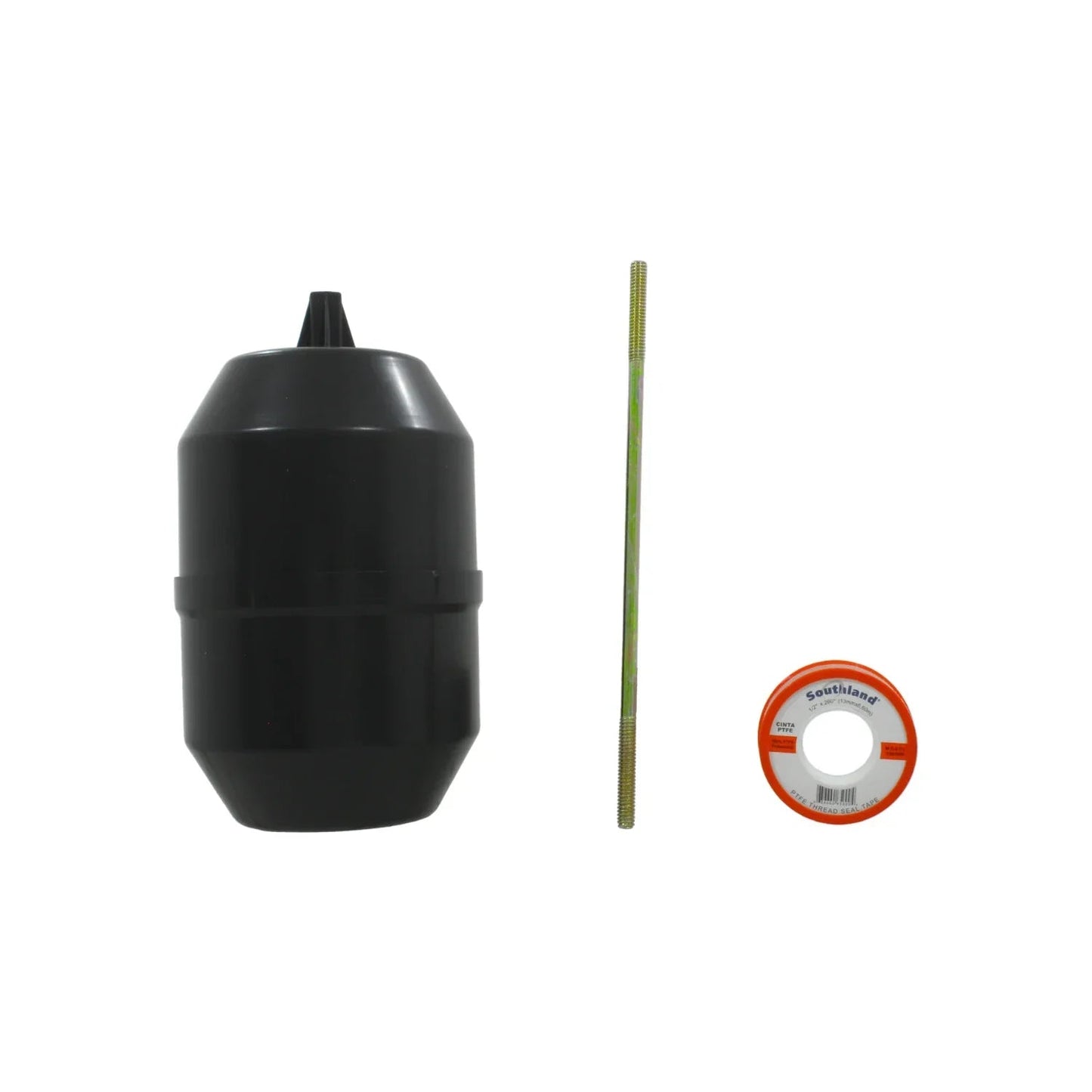 Kit de flotador negro para tinaco con varilla roscada de latón y cinta PTFE Southland para instalación.