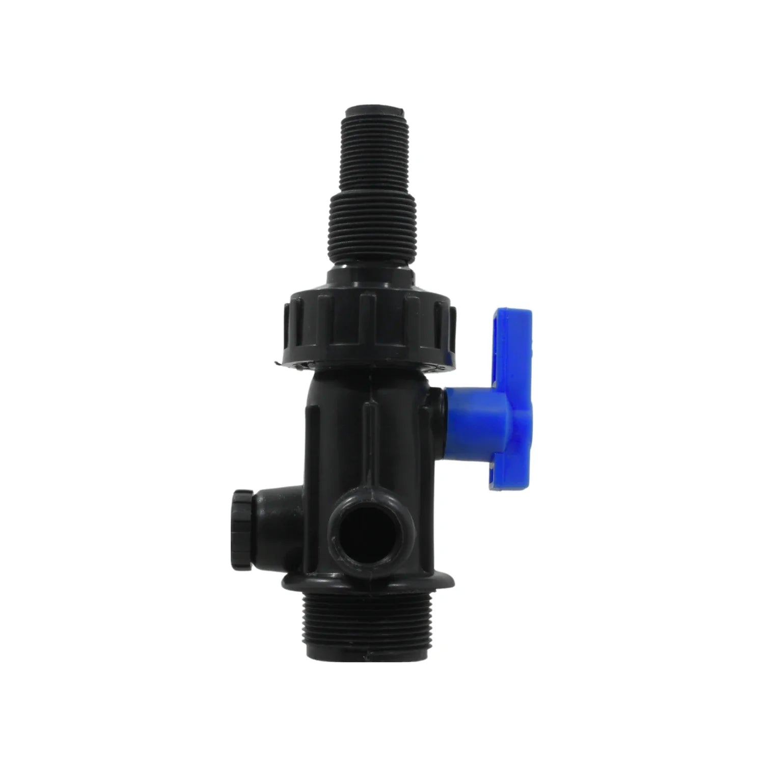 Conector para tinaco de plástico negro con válvula de paso azul, doble rosca y salida lateral.