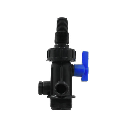 Conector para tinaco de plástico negro con válvula de paso azul, doble rosca y salida lateral.