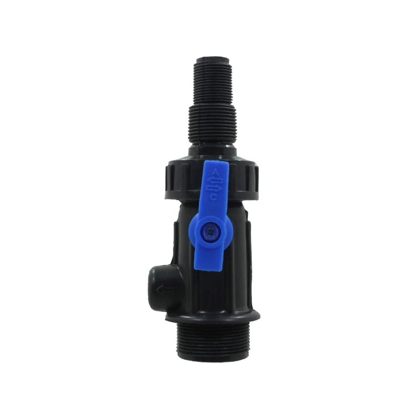 Conector multiuso de plástico negro con válvula de paso azul para tinaco, rosca y salida lateral
