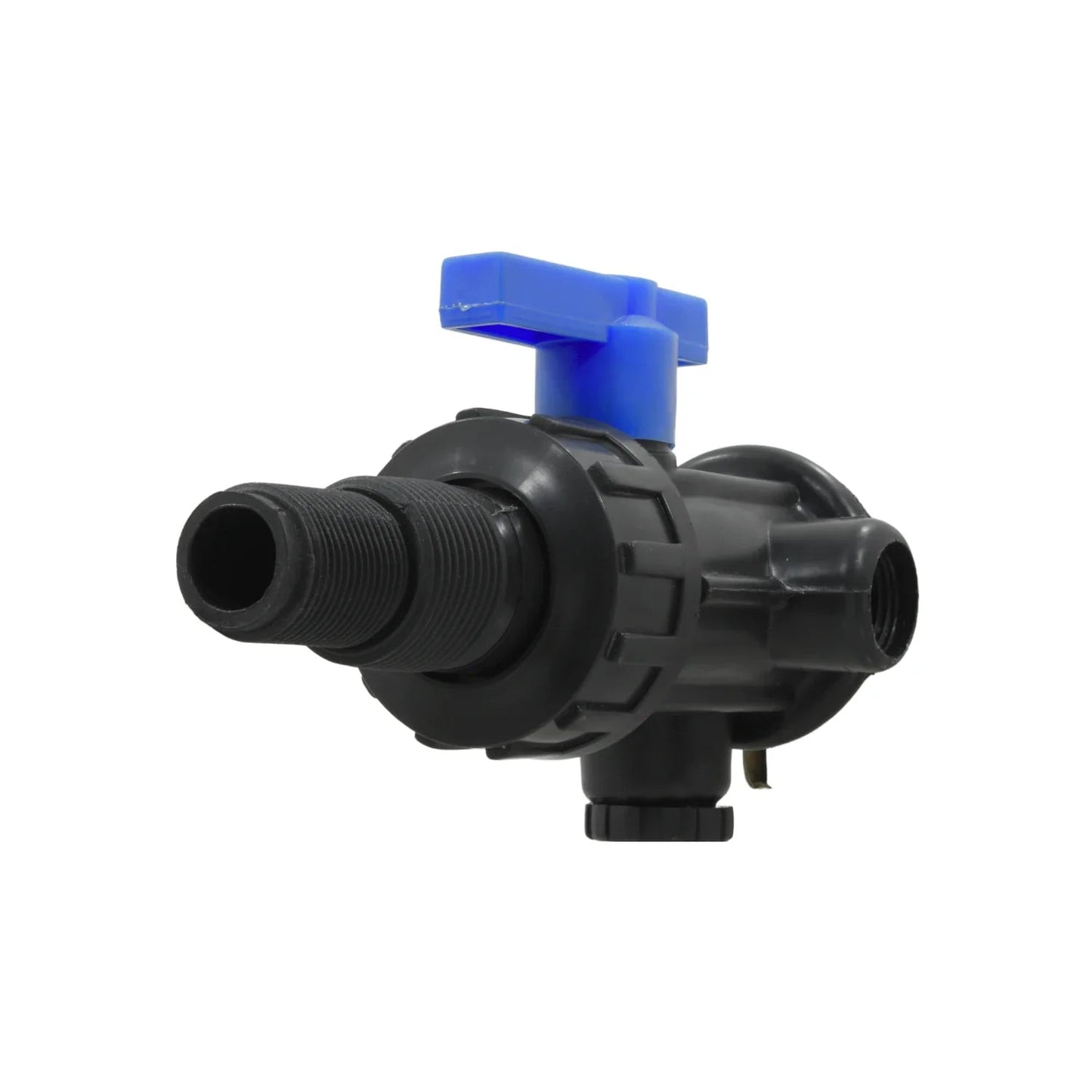 Conector múltiple para tinaco negro de plástico con válvula azul, entrada y salida roscada para agua.