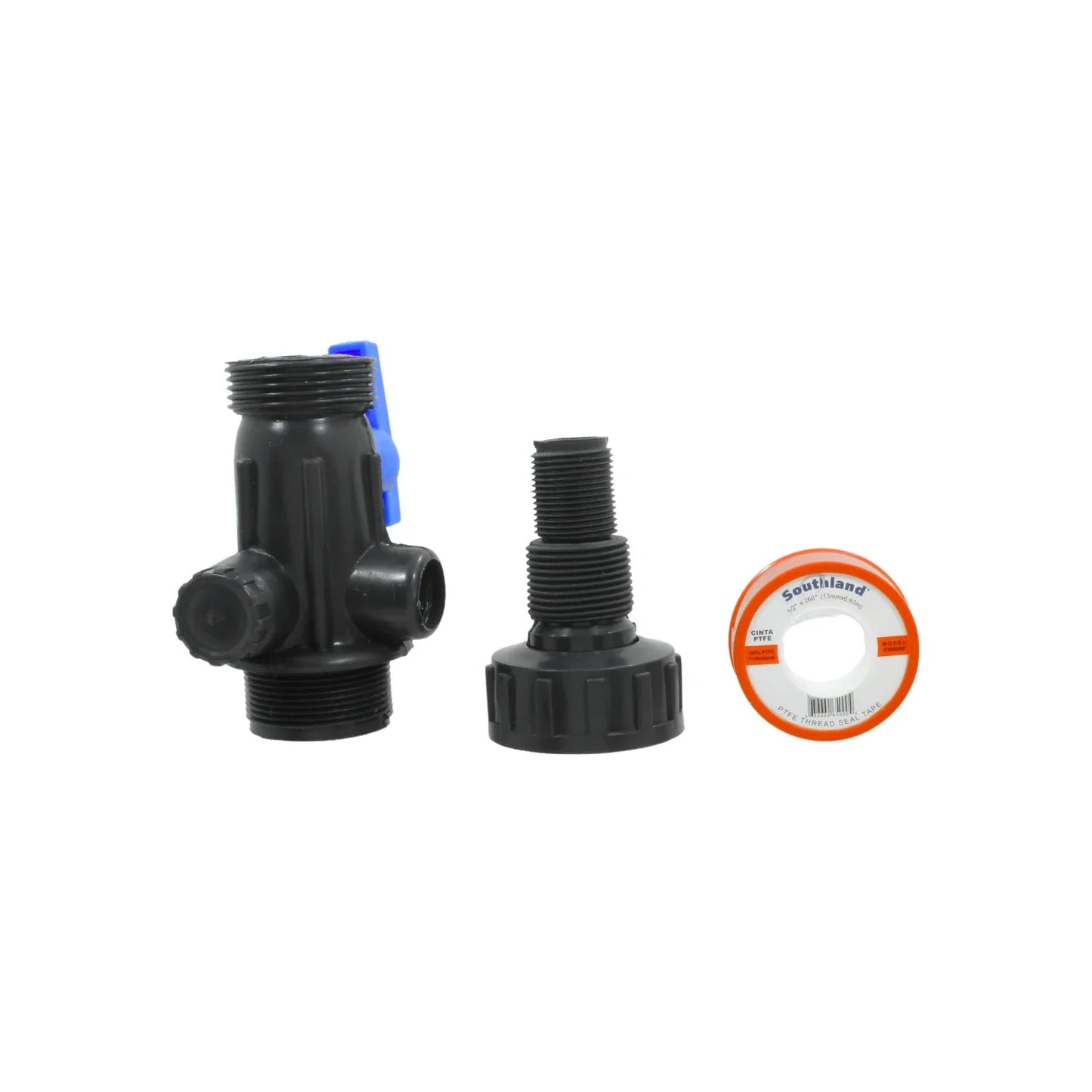 Multi conector negro para tinaco con válvula azul y cinta selladora de roscas PTFE Southland